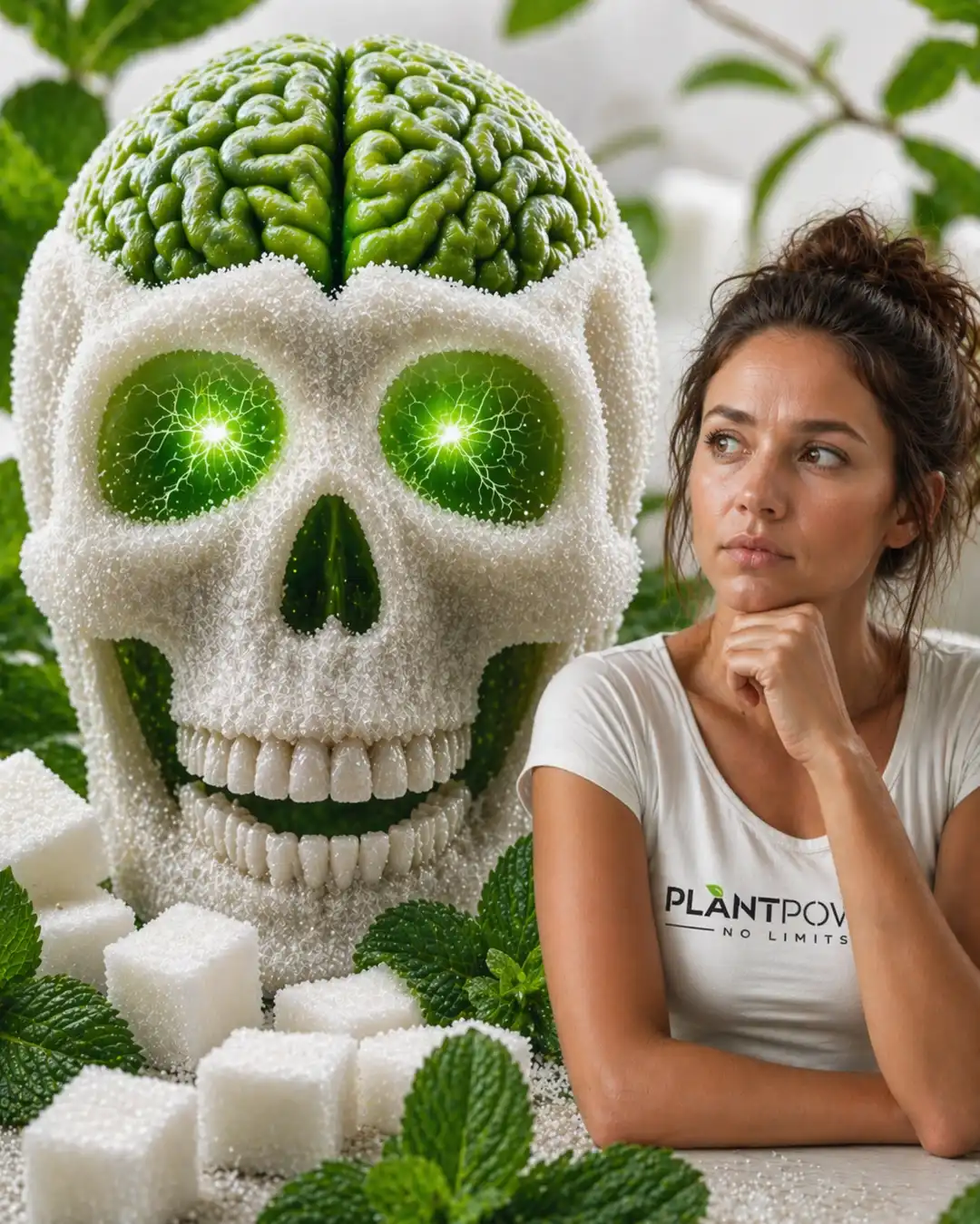 Symbolbild zu Zucker und Gesundheit mit Zuckerschädel, grünem Gehirn, Zuckerwürfeln, Minzblättern und Frau im PlantPower-NoLimits Shirt