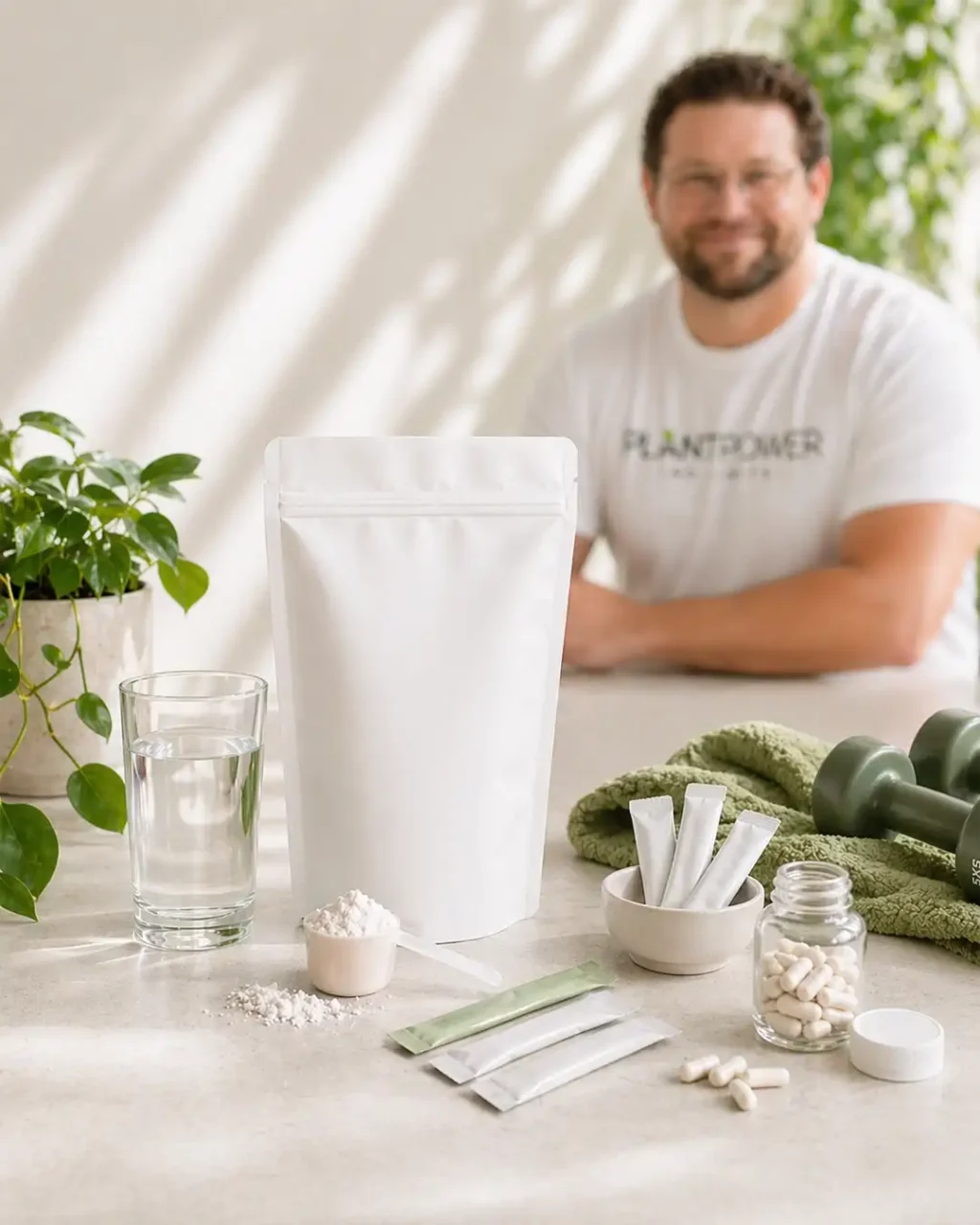 Was ist Kreatin – Kreatin Pulver, Sticks und Kapseln in heller Wellness-Szene mit Wasser und unscharfem Mann im Hintergrund