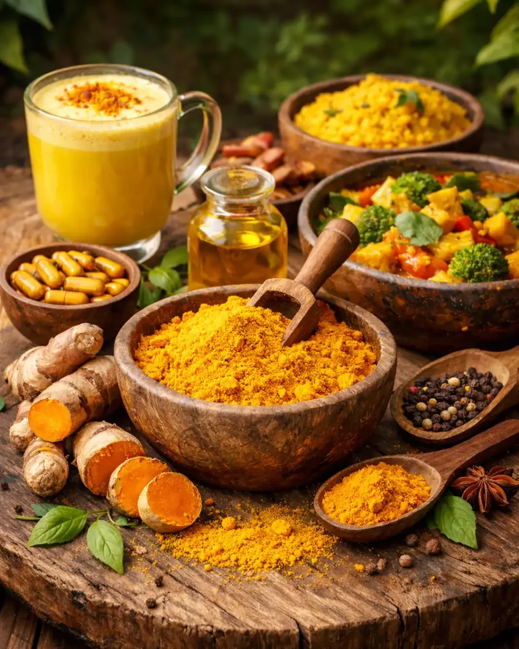 Schale mit Kurkumapulver, frische Kurkumawurzeln, goldene Milch und Gewürze auf einem rustikalen Holztisch.