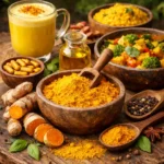 Schale mit Kurkumapulver, frische Kurkumawurzeln, goldene Milch und Gewürze auf einem rustikalen Holztisch.