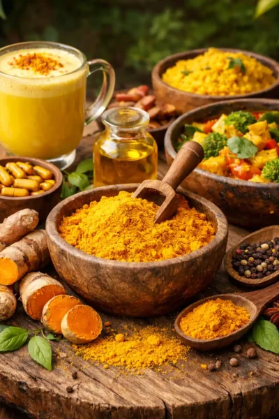 Schale mit Kurkumapulver, frische Kurkumawurzeln, goldene Milch und Gewürze auf einem rustikalen Holztisch.
