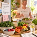 Frau bereitet in heller Küche einen gesunden Salat mit Gemüse und pflanzlichen Lebensmitteln zu.