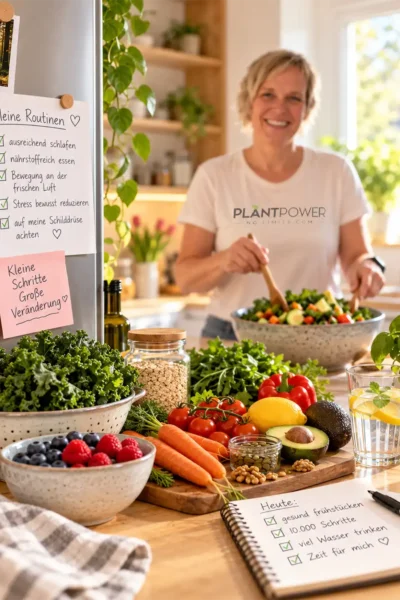 Frau bereitet in heller Küche einen gesunden Salat mit Gemüse und pflanzlichen Lebensmitteln zu.