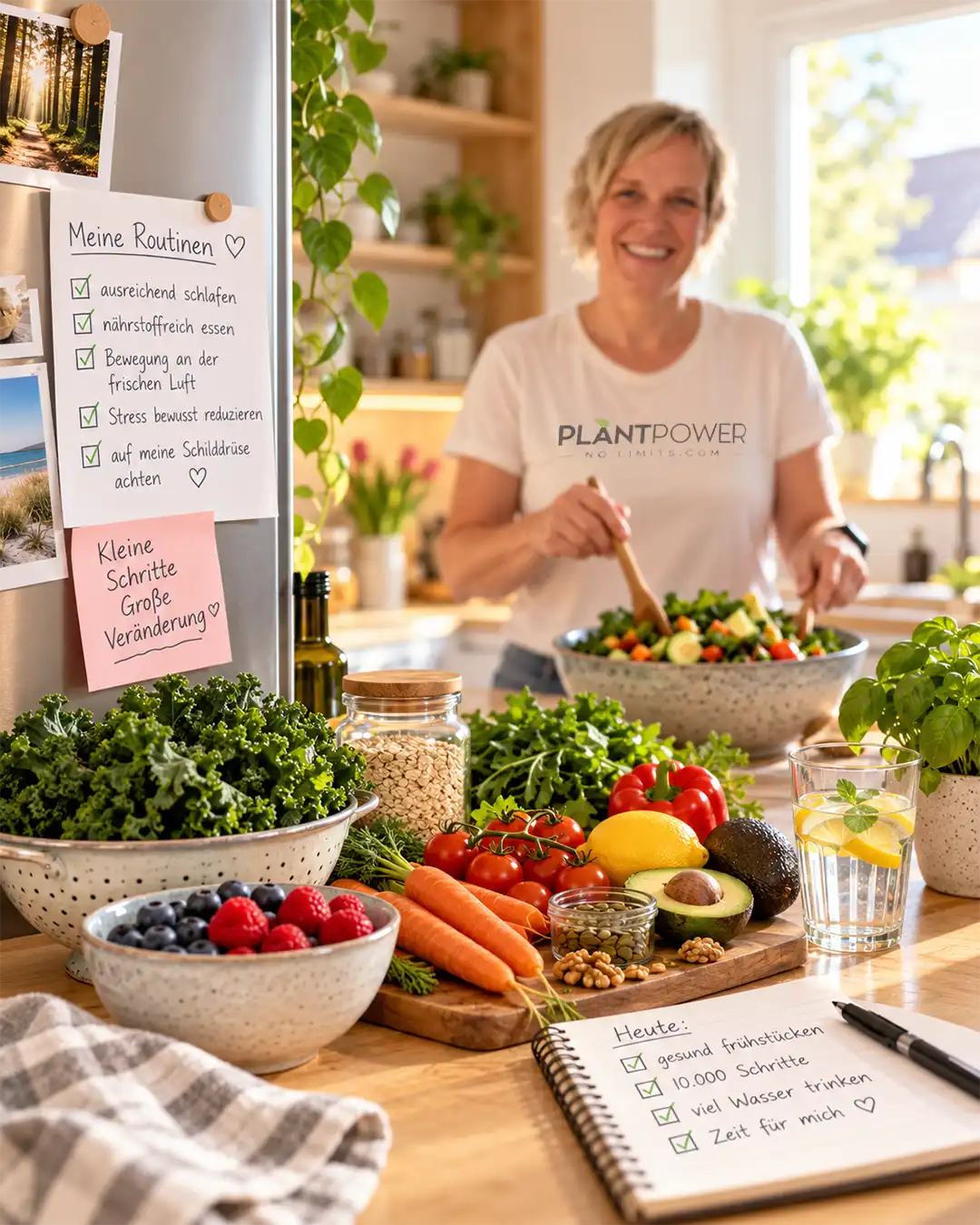 Frau bereitet in heller Küche einen gesunden Salat mit Gemüse und pflanzlichen Lebensmitteln zu.