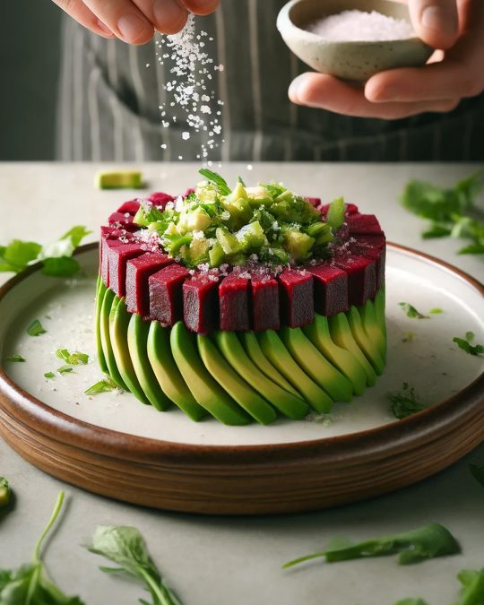 Das Bild zeigt einen Teller mit veganem Tatar aus Avocado und Roter Bete, das kunstvoll geschichtet und mit frischen Kräutern sowie einer Prise Meersalz garniert ist. Eine Person fügt gerade Gewürze hinzu, während die Hände im Fokus sind. Der Teller steht auf einem rustikalen Tisch, umgeben von weiteren Zutaten.